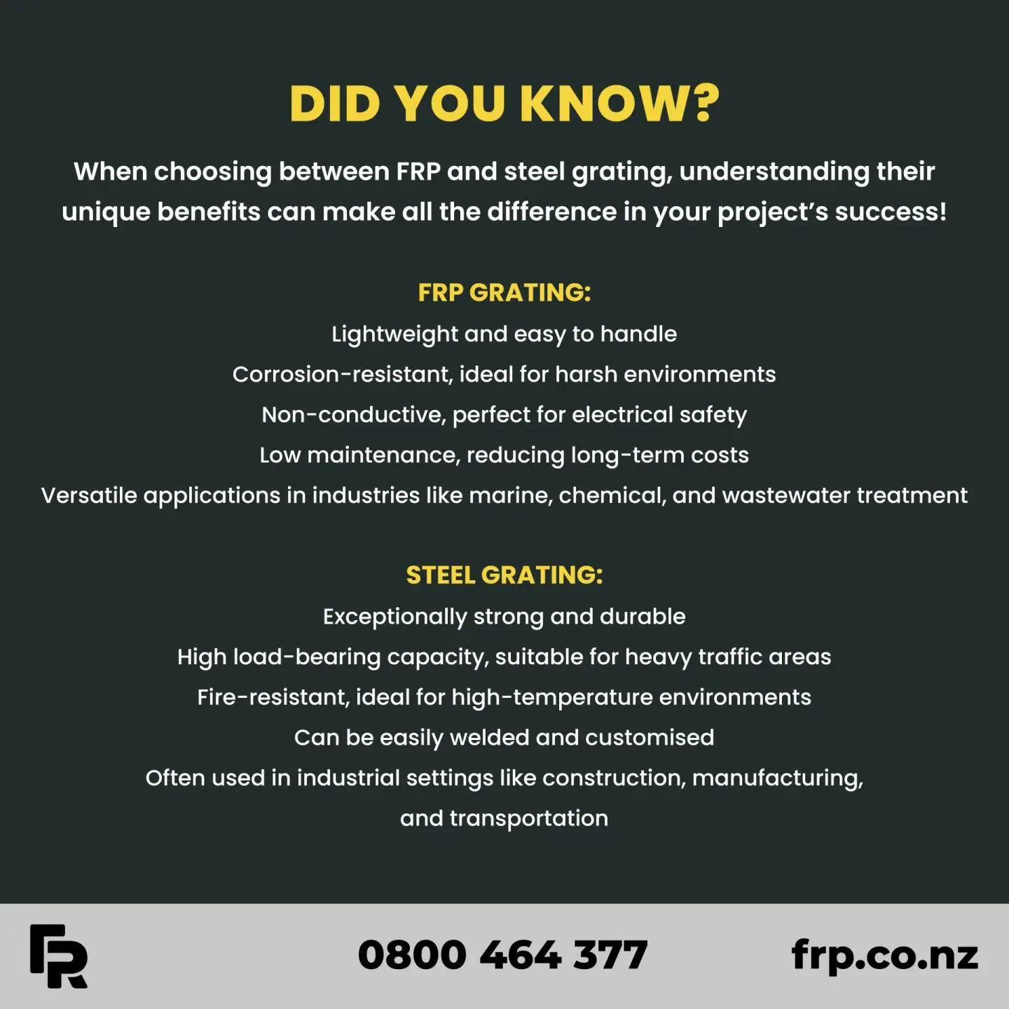 At FRP Ltd, we offer a wide range of FRP and steel products to meet the diverse needs of industries nationwide. Whether you're looking for lightweight durability or heavy-duty strength, we've got you covered!

#frp #frpproducts #industrial #engineering #construction #maintenance #engineers #commercial #marine #civil #grating #steel #factories #transportation #manufacturing #wastewater