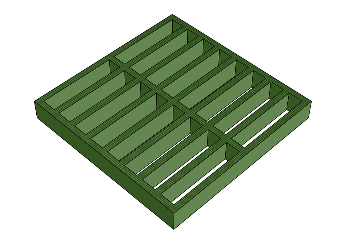 A render of FRP slat mesh grating grass green RAL 6010.