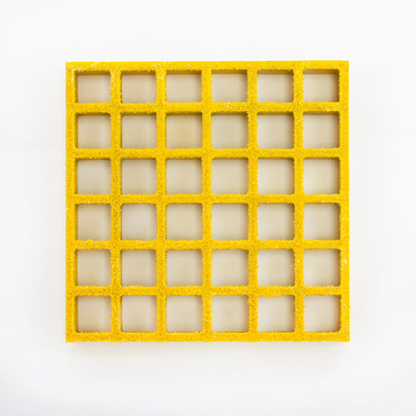 Sample piece of yellow FRP regular mesh grating.