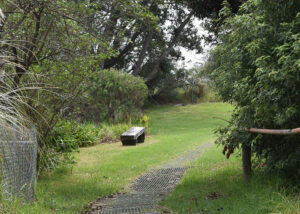 FRP green grating pathway in park space.