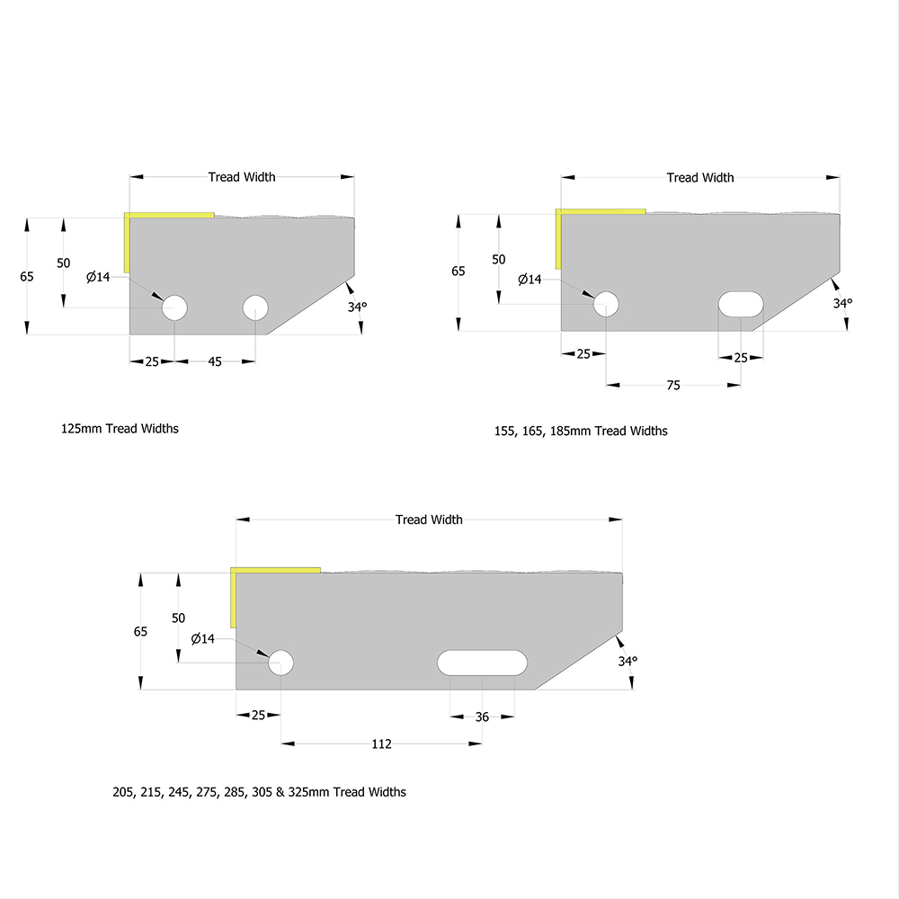 Render of steel tread widths and dimensions.