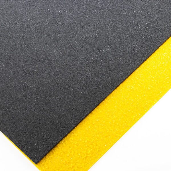 Two sample pieces of FRP Anti-Slip Sheets stacked on each other, one black and one yellow.