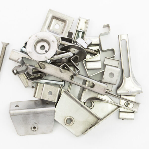 A pile of various 316 stainless steel metal hardware components, including brackets, screws for FRP grating.