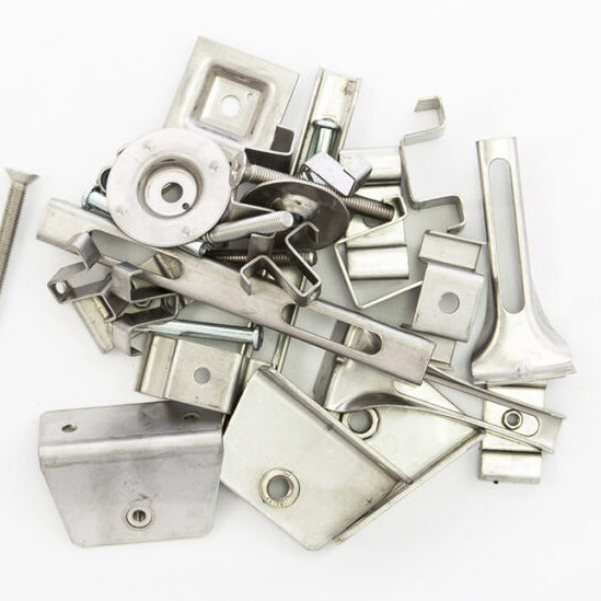 A pile of various 316 stainless steel metal hardware components, including brackets, screws for FRP grating.