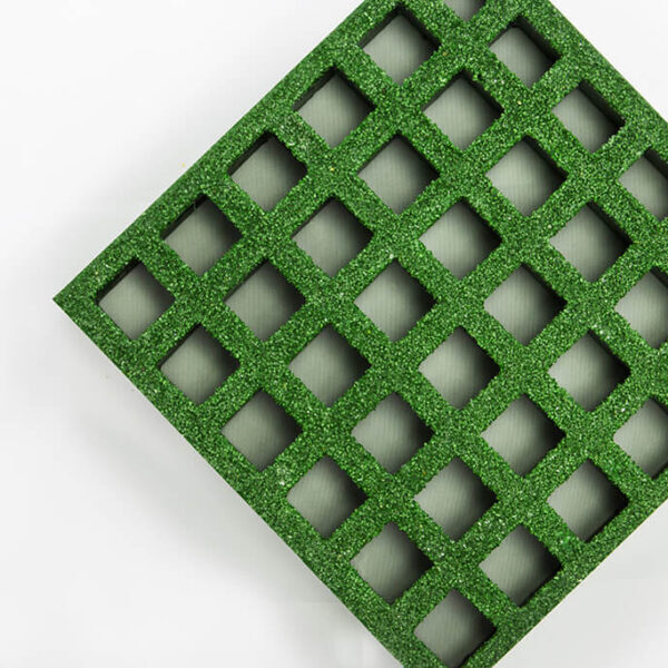 Sample piece of FRP green heavy duty mesh grating.