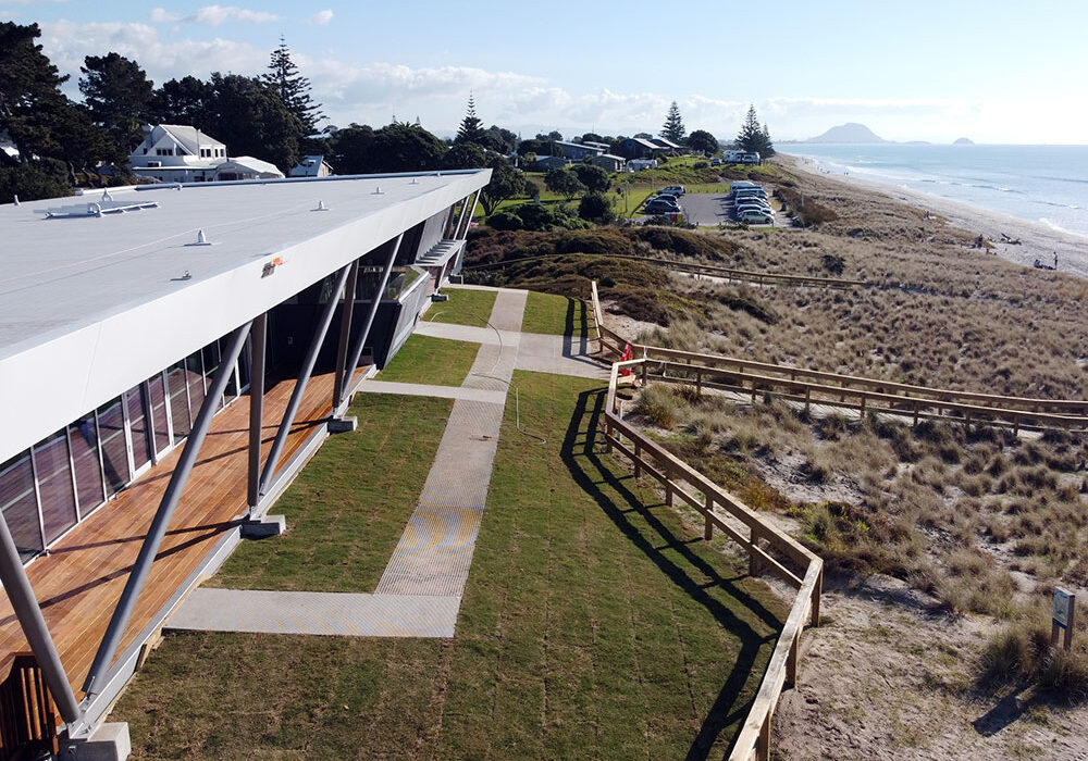 View of Papamoa Surf Life Club and FRP grating path.