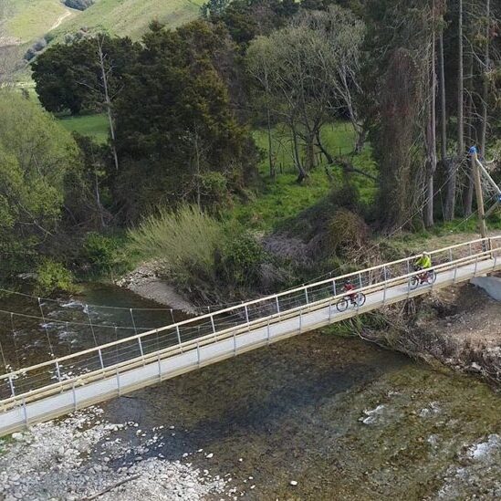 Cyclists on a swing bridge using FRP mini mesh grating.
