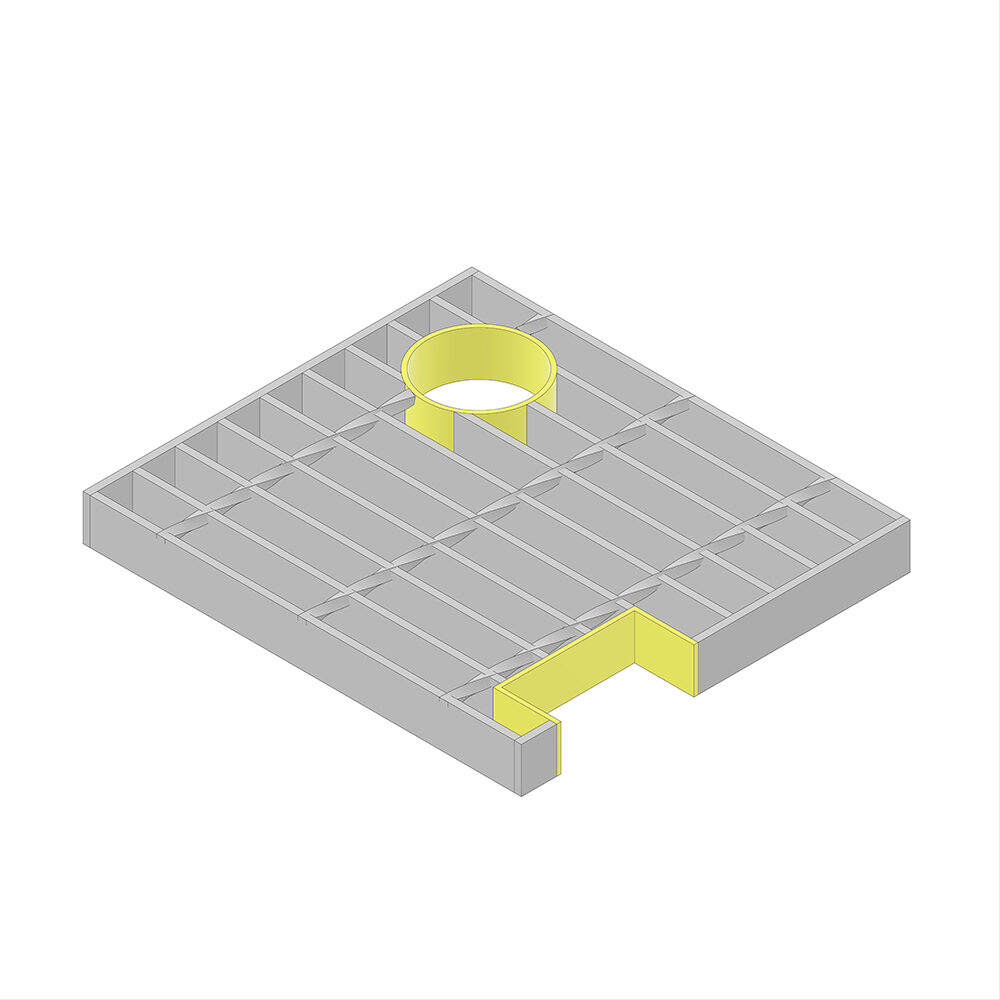 Render of steel mesh grating cutouts and penetrations.
