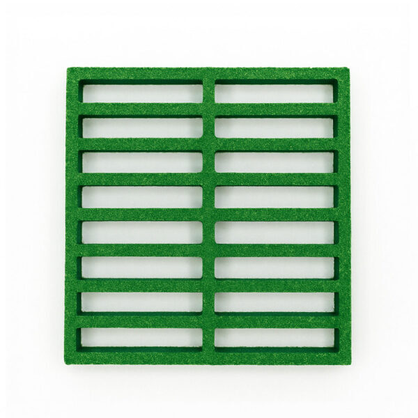 Slat Mesh Grating Green Sample FRP Limited's green fibreglass slat mesh grating sample.